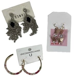 3 Pair Statement Earrings Bundle Rhinestone Fringe Butterfly Dangle Boho Hoop